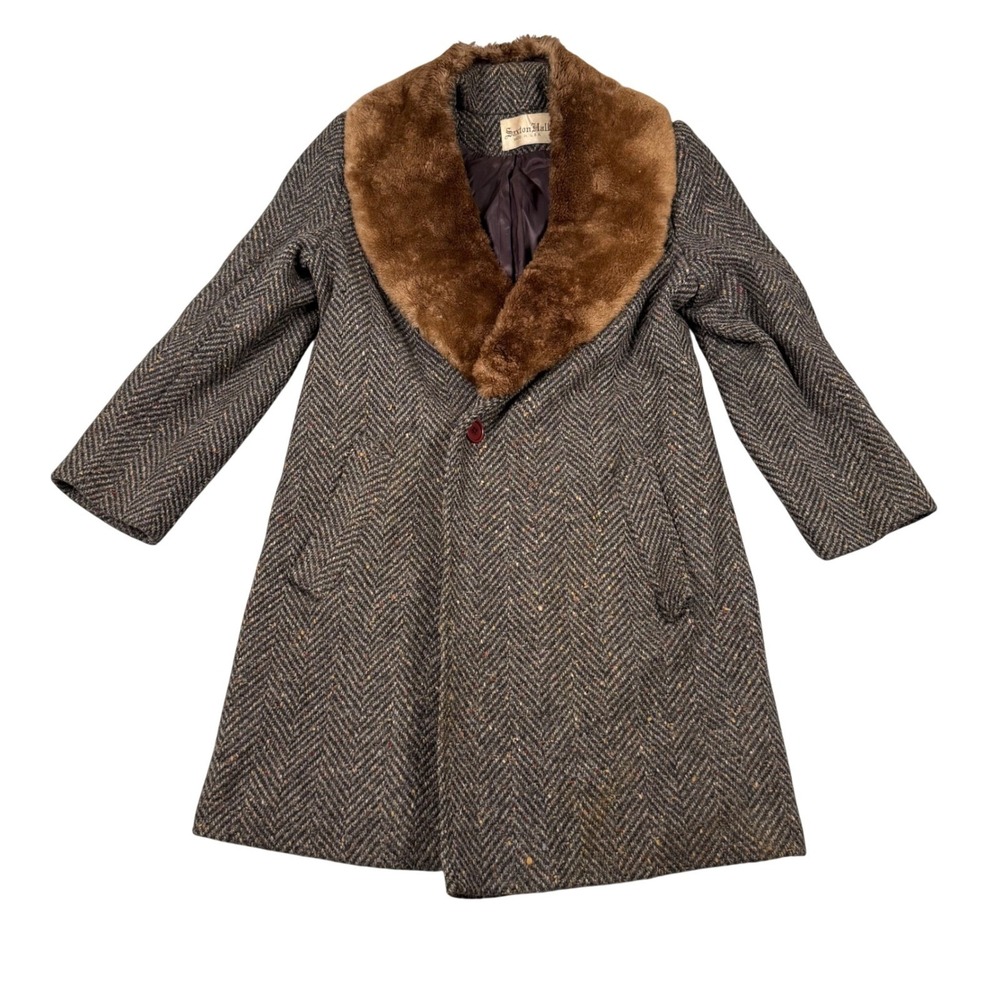 Vintage 70s Saxton Hall Wool Herringbone Coat Faux Fur Brown Tweed USA Made 14